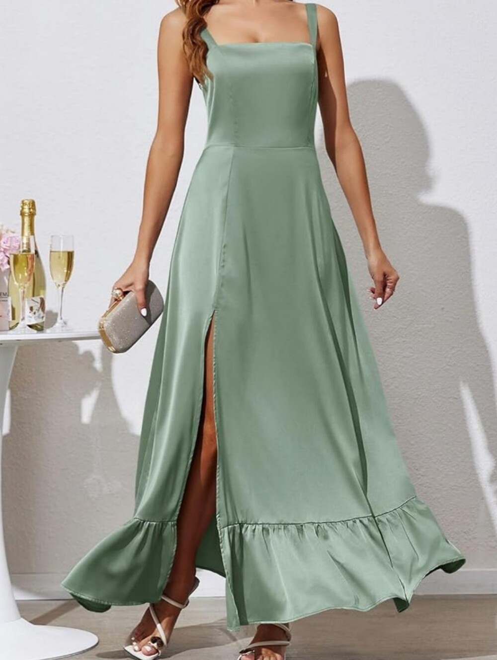 Sage Green Satin Corset Lace-Up Back Split Hem Maxi Dress | Size Medium 10
